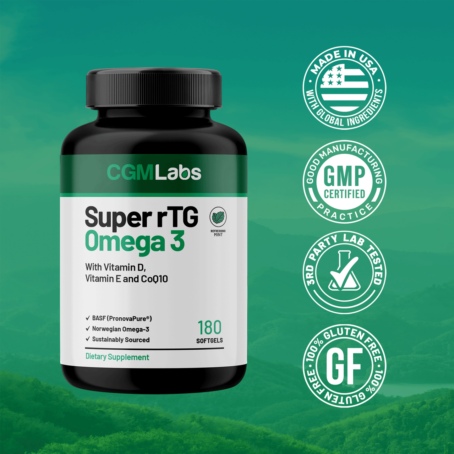 Super rTG Omega 3 - Norwegian Fish Oil with Vitamin D & E and CoQ10 - 180 Softgels