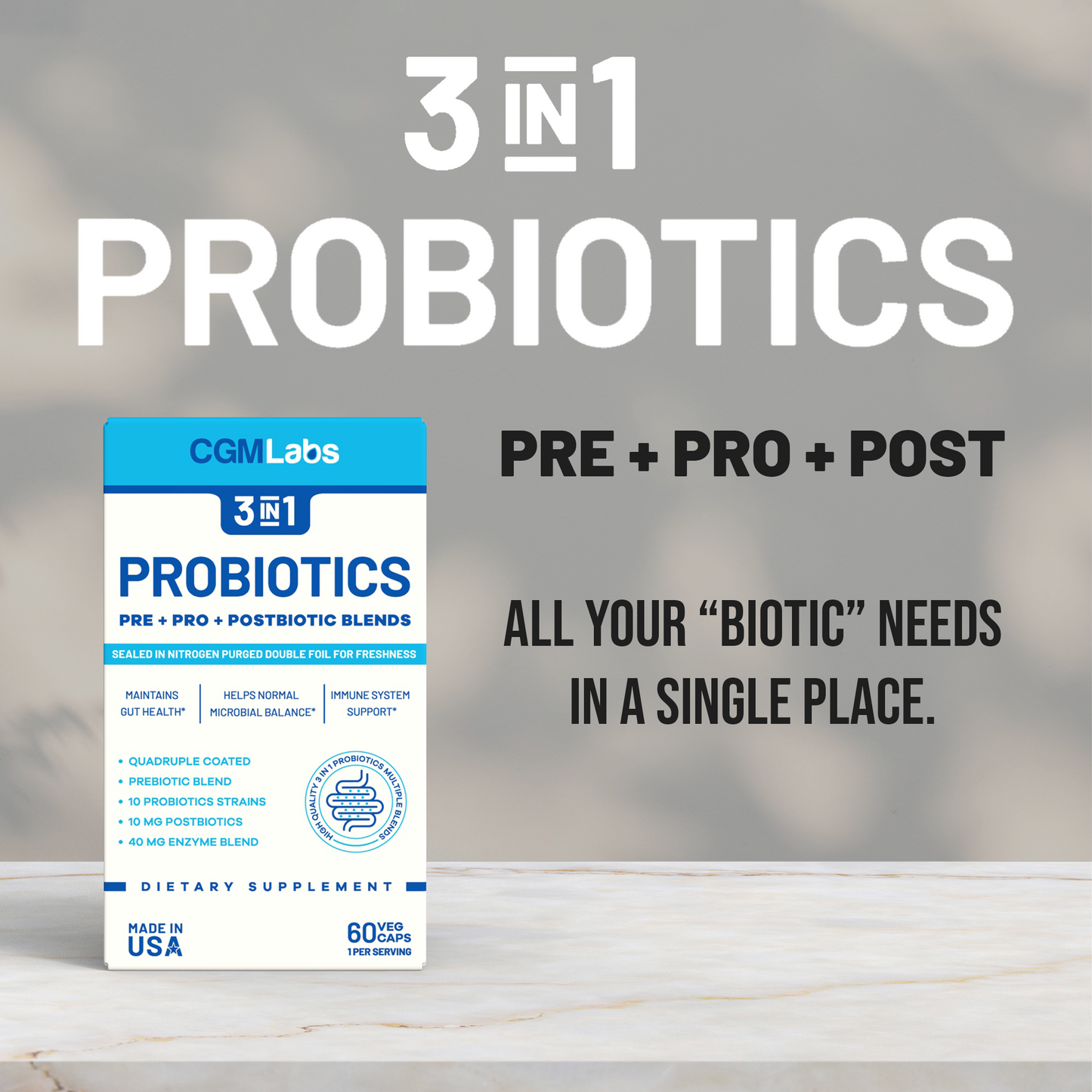 CGM Labs - 3 in 1 Probiotics - Prebiotics + Probiotics + Postbiotics All in one - 60 Veg Caps