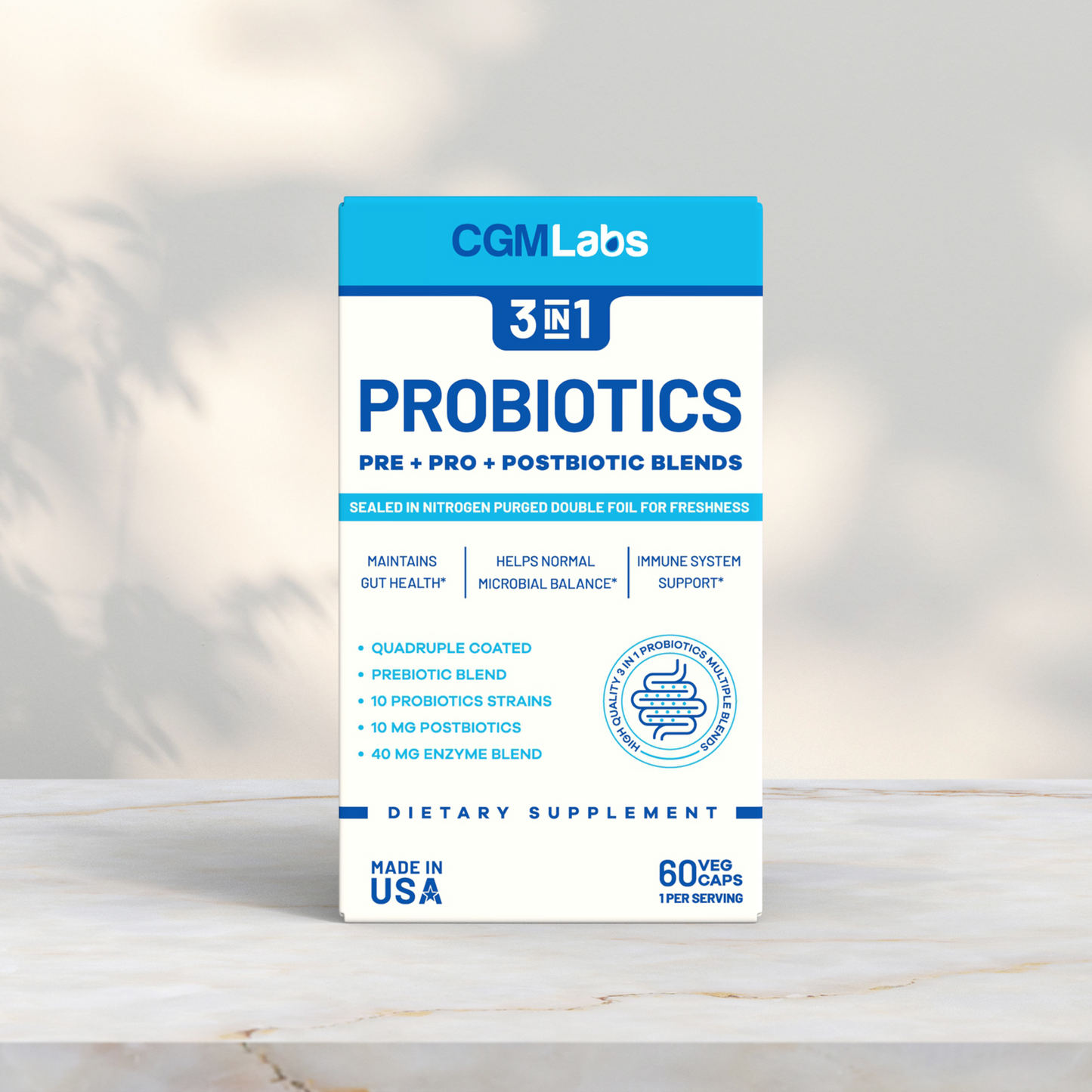 CGM Labs - 3 in 1 Probiotics - Prebiotics + Probiotics + Postbiotics All in one - 60 Veg Caps